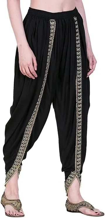 Women's Dhoti Style Harem Pants, Traditional Indian Patiala, Mustard Yellow with Gold Lace, Free Size (28 Till 36)