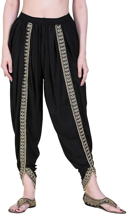 Women's Dhoti Style Harem Pants, Traditional Indian Patiala, Mustard Yellow with Gold Lace, Free Size (28 Till 36)