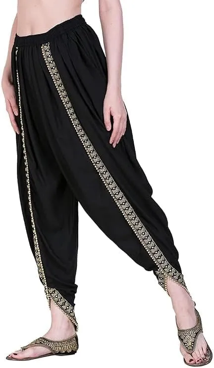 Women's Dhoti Style Harem Pants, Traditional Indian Patiala, Mustard Yellow with Gold Lace, Free Size (28 Till 36)