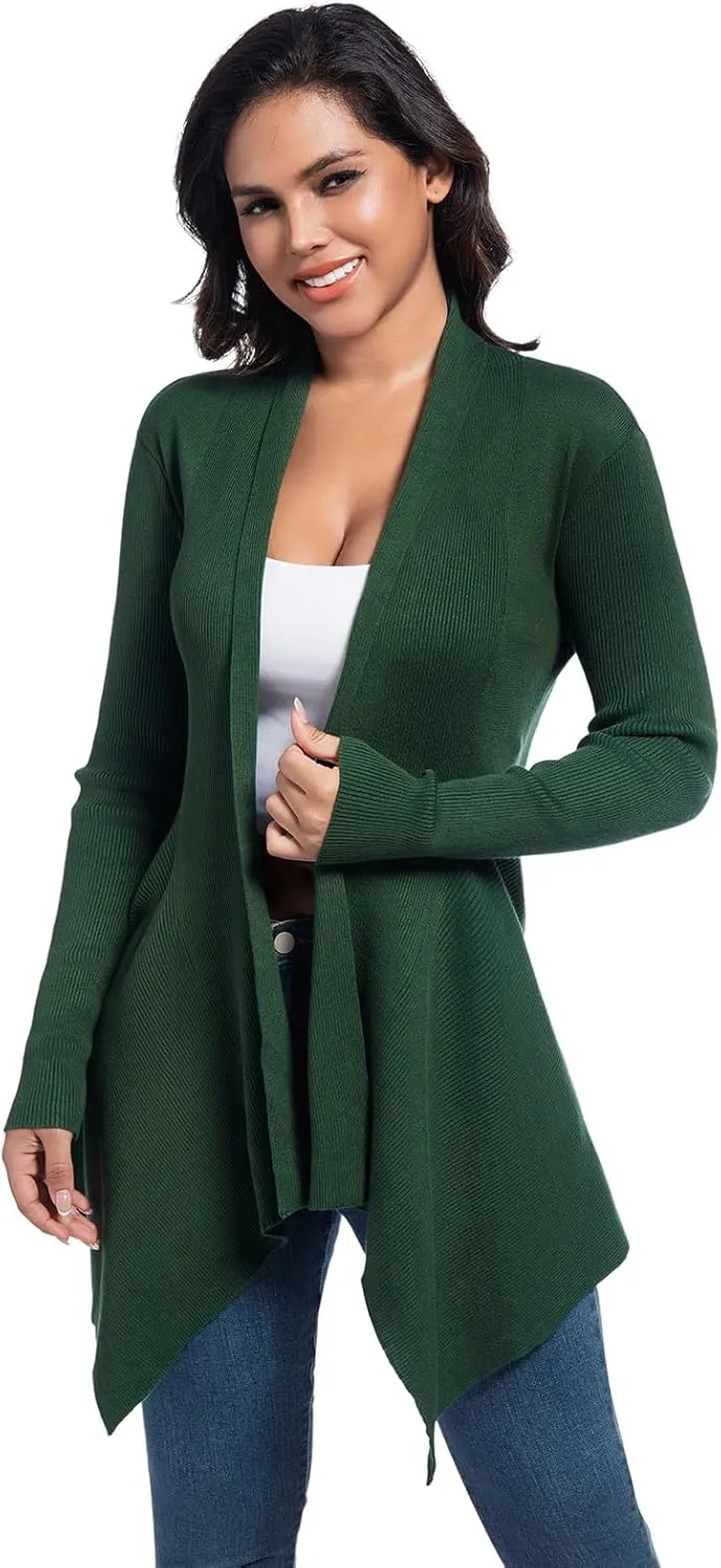 Women's Draped Open Front Cardigan, Soft Ribbed Knit Outerwear with Asymmetrical Hem Lightweight Long Sleeve Sweater