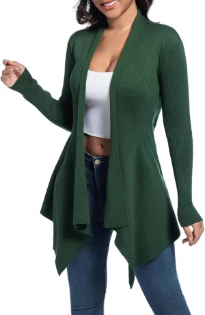 Women's Draped Open Front Cardigan, Soft Ribbed Knit Outerwear with Asymmetrical Hem Lightweight Long Sleeve Sweater