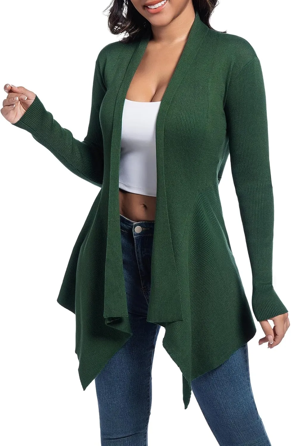 Women's Draped Open Front Cardigan, Soft Ribbed Knit Outerwear with Asymmetrical Hem Lightweight Long Sleeve Sweater