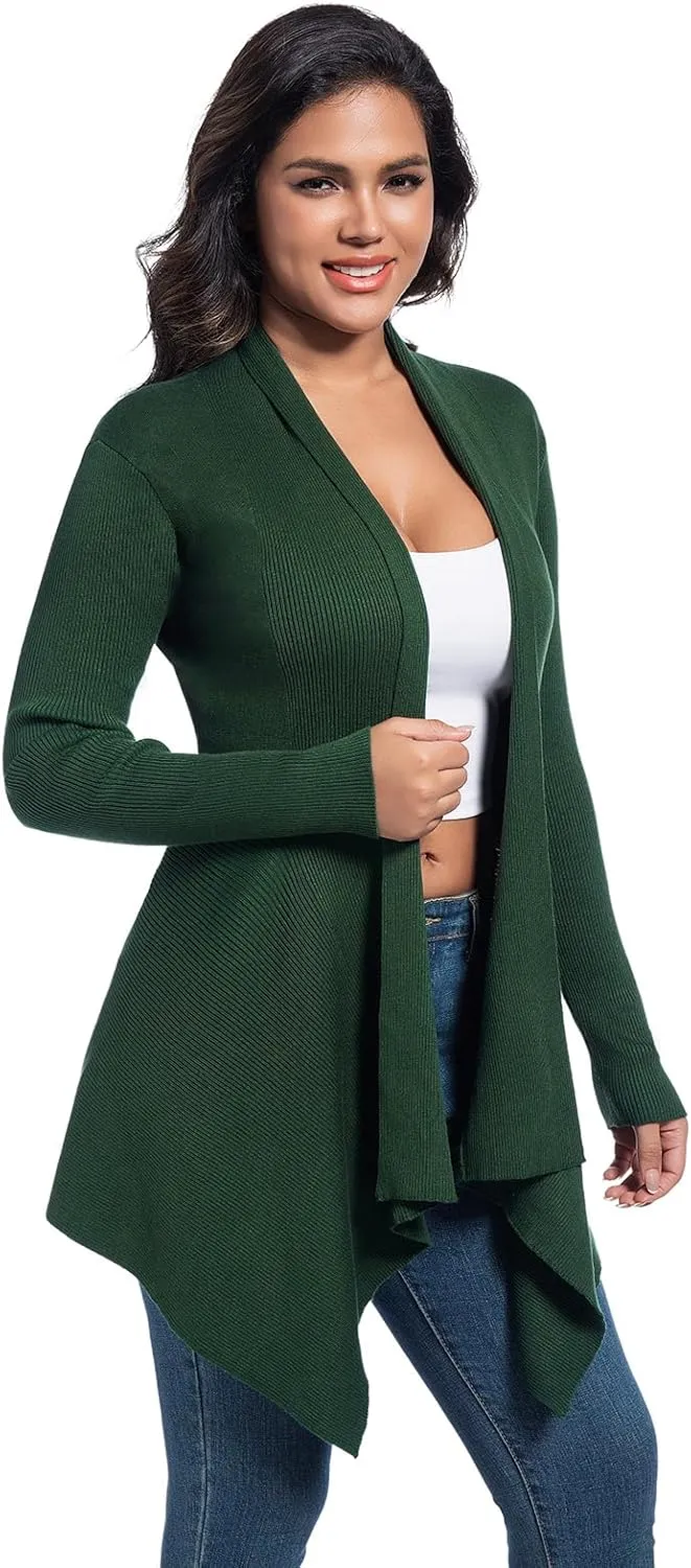 Women's Draped Open Front Cardigan, Soft Ribbed Knit Outerwear with Asymmetrical Hem Lightweight Long Sleeve Sweater