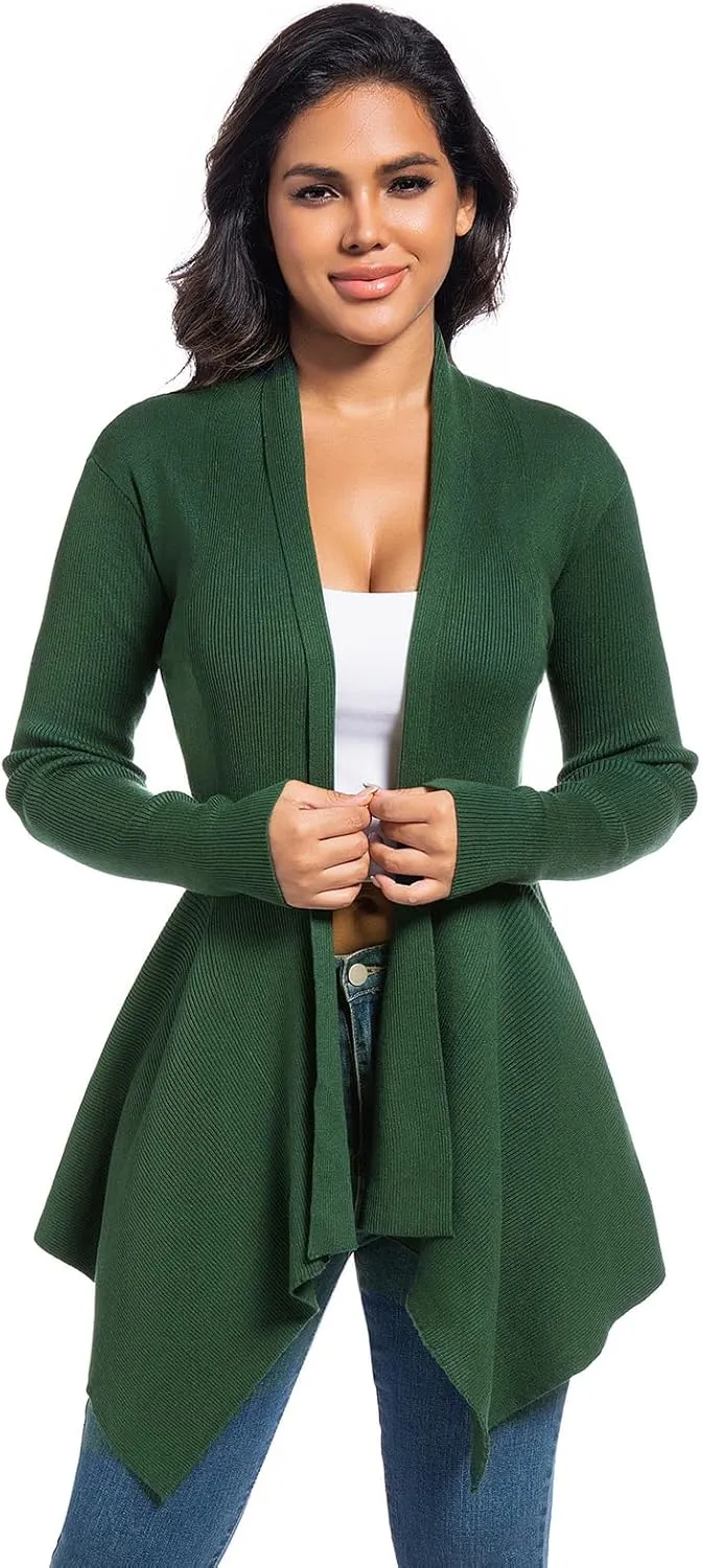 Women's Draped Open Front Cardigan, Soft Ribbed Knit Outerwear with Asymmetrical Hem Lightweight Long Sleeve Sweater
