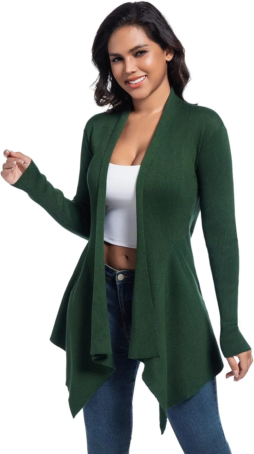 Women's Draped Open Front Cardigan, Soft Ribbed Knit Outerwear with Asymmetrical Hem Lightweight Long Sleeve Sweater