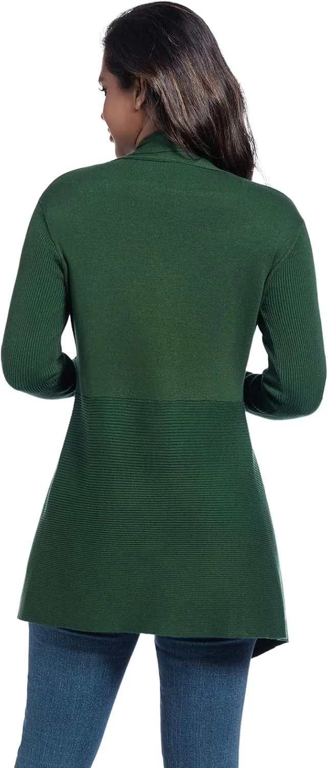 Women's Draped Open Front Cardigan, Soft Ribbed Knit Outerwear with Asymmetrical Hem Lightweight Long Sleeve Sweater