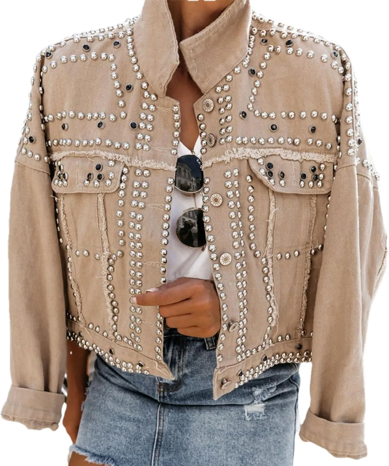 Womens Fashion Crop Rivet Studded Denim Jacket Casual Vintage Long Sleeve Pearl Short Jean Coat Trucker Jacket