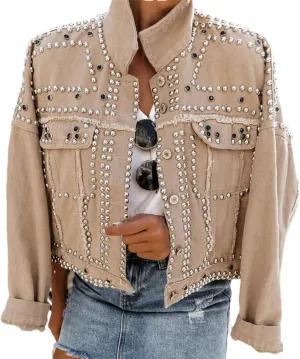 Womens Fashion Crop Rivet Studded Denim Jacket Casual Vintage Long Sleeve Pearl Short Jean Coat Trucker Jacket