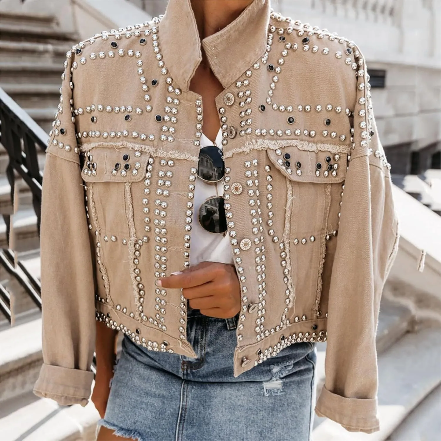 Womens Fashion Crop Rivet Studded Denim Jacket Casual Vintage Long Sleeve Pearl Short Jean Coat Trucker Jacket