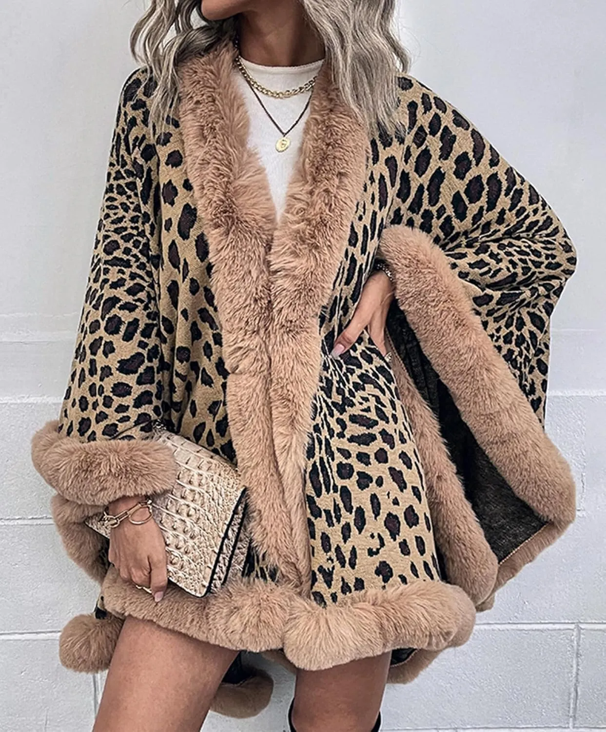 Womens Faux Fur Trim Coat Shawls Wrap Winter Vintage Open Front Cardigan Poncho Cape Cloak