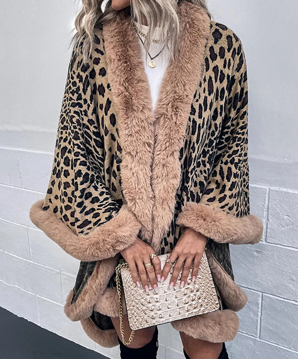 Womens Faux Fur Trim Coat Shawls Wrap Winter Vintage Open Front Cardigan Poncho Cape Cloak