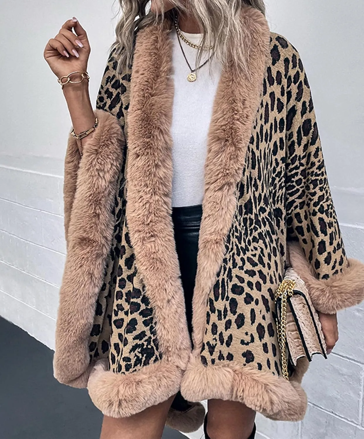 Womens Faux Fur Trim Coat Shawls Wrap Winter Vintage Open Front Cardigan Poncho Cape Cloak