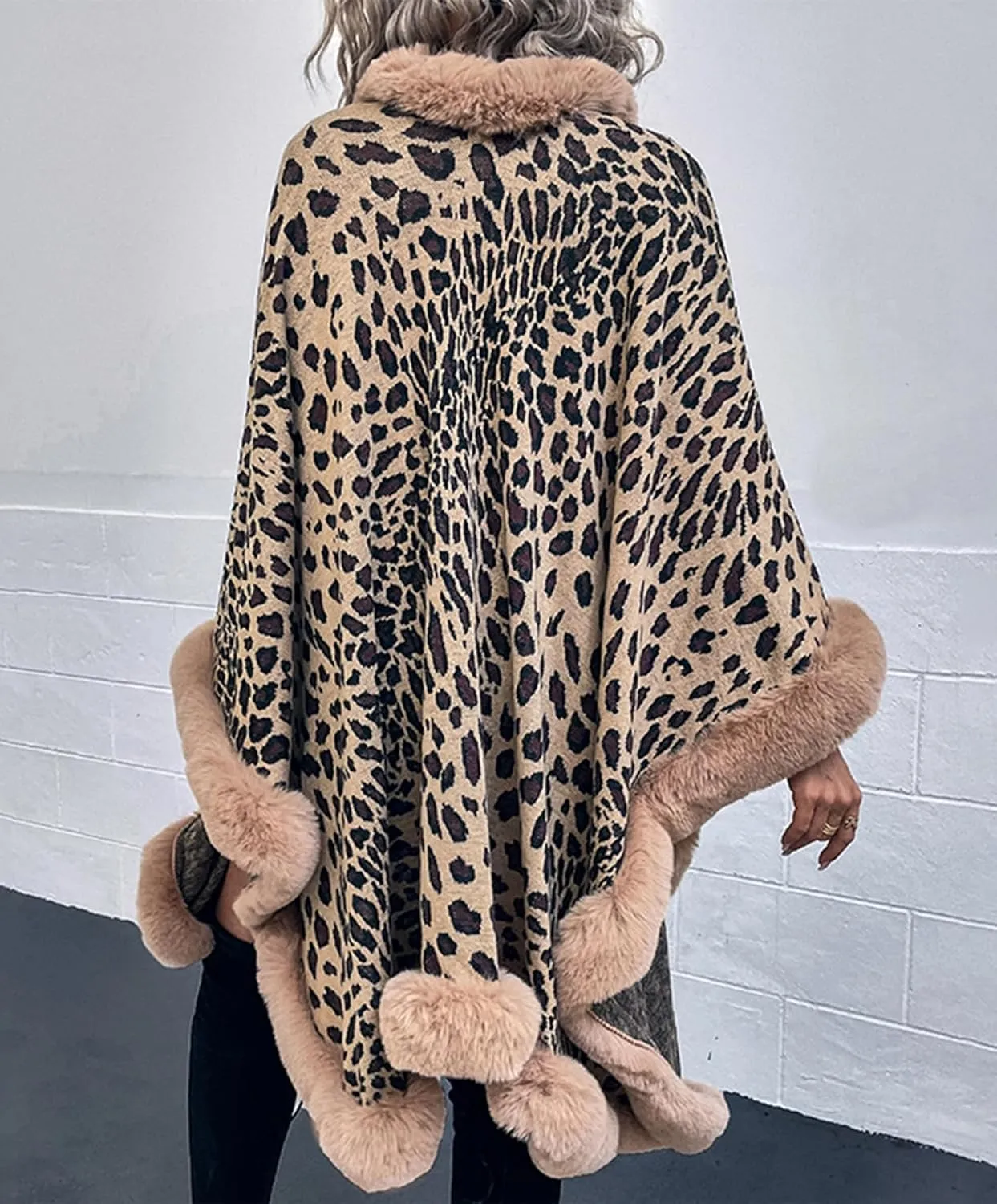 Womens Faux Fur Trim Coat Shawls Wrap Winter Vintage Open Front Cardigan Poncho Cape Cloak