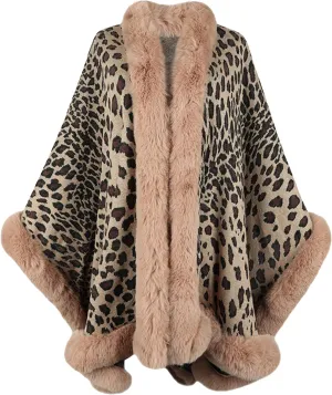 Womens Faux Fur Trim Coat Shawls Wrap Winter Vintage Open Front Cardigan Poncho Cape Cloak
