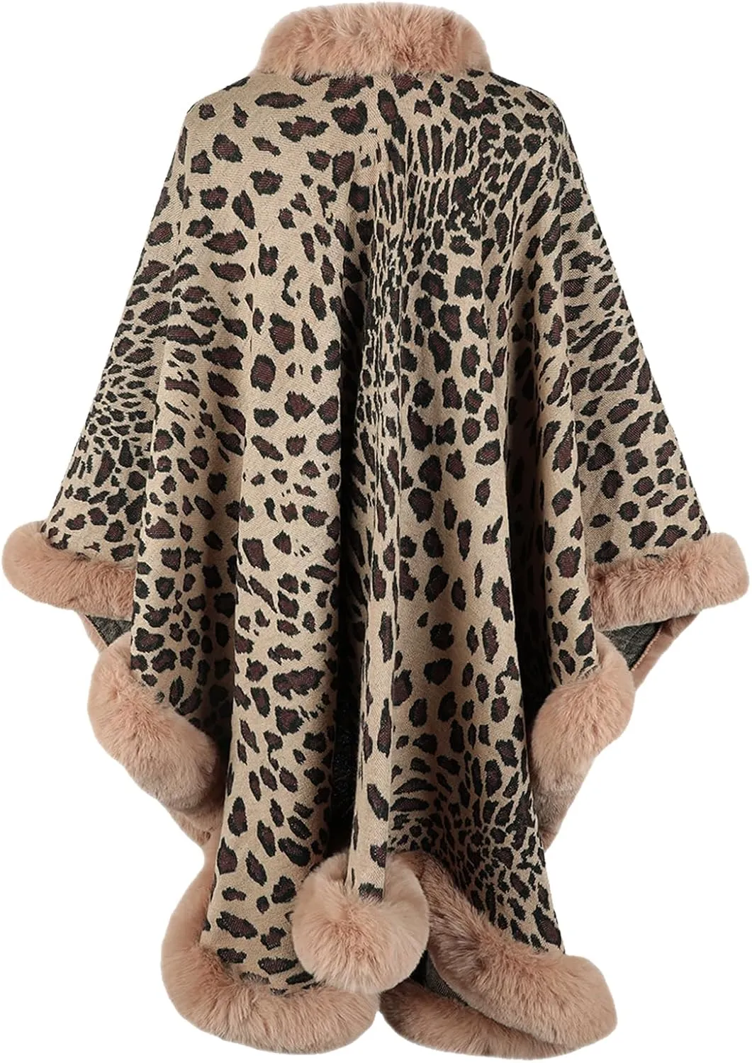 Womens Faux Fur Trim Coat Shawls Wrap Winter Vintage Open Front Cardigan Poncho Cape Cloak