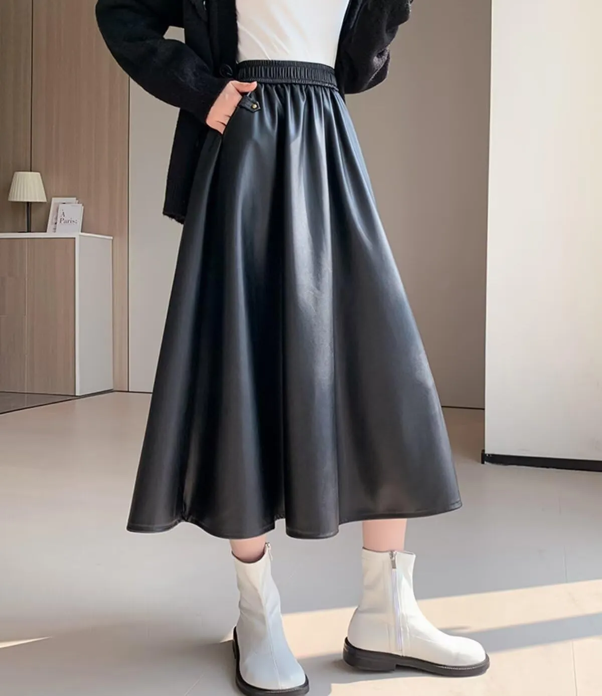 Women's Faux Leather Skirt Retro High Waisted Pleated Vintage Long A-line Midi Skirts with Pockets
