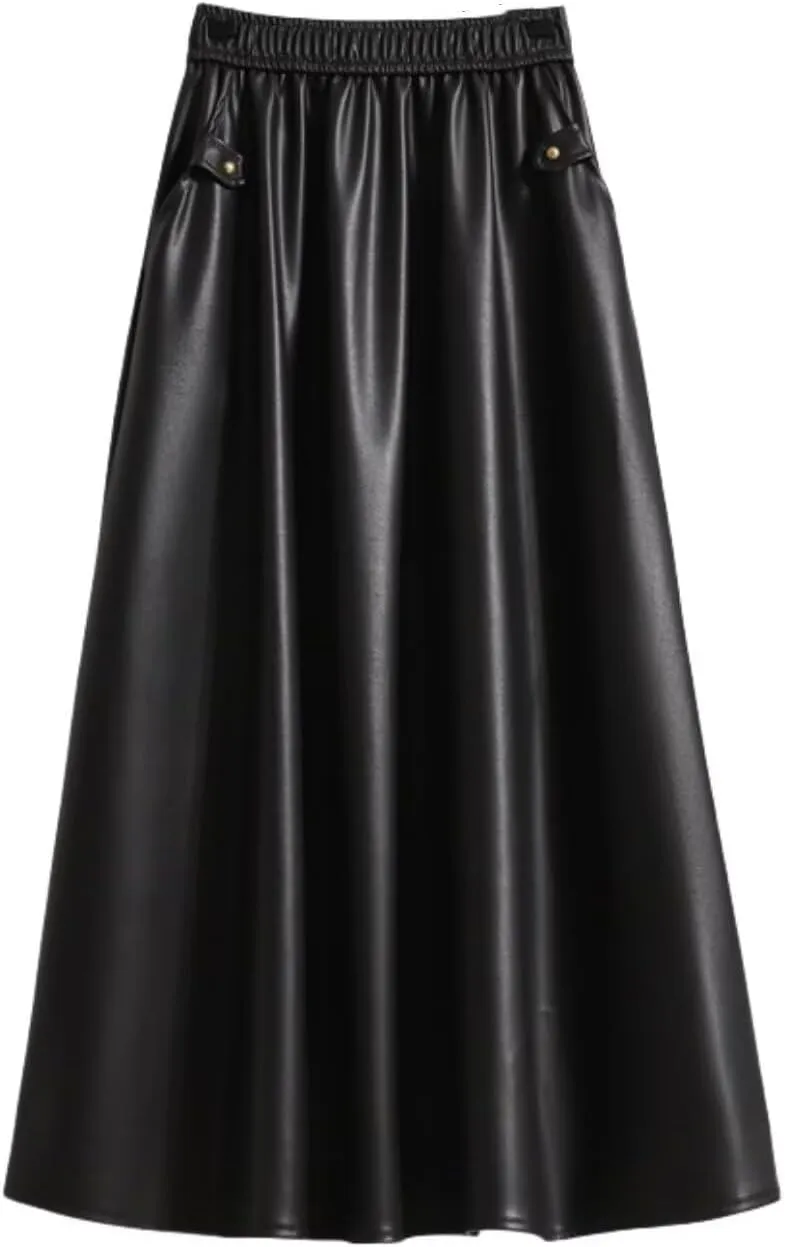 Women's Faux Leather Skirt Retro High Waisted Pleated Vintage Long A-line Midi Skirts with Pockets