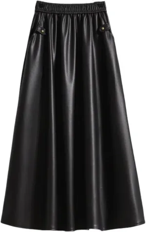 Women's Faux Leather Skirt Retro High Waisted Pleated Vintage Long A-line Midi Skirts with Pockets