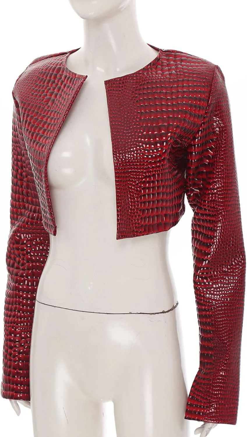 Womens Faux Leather Snakeskin Print Jackets Moto Biker Open Front Crop Blazer Cardigan