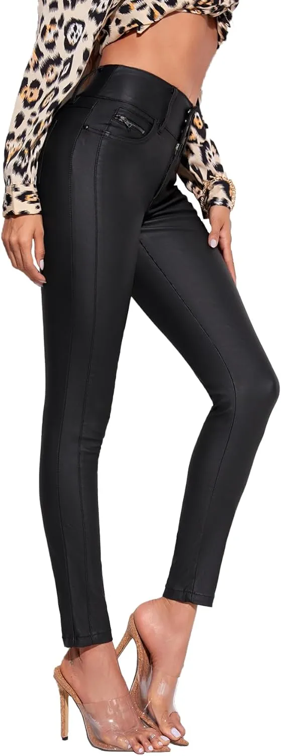 Women's Faux Leather Stretchy Skinny Jeggings Coated Faux Leather Legging Pants Mid Waisted