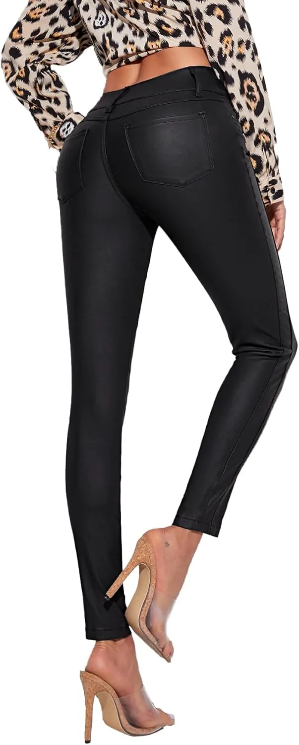 Women's Faux Leather Stretchy Skinny Jeggings Coated Faux Leather Legging Pants Mid Waisted