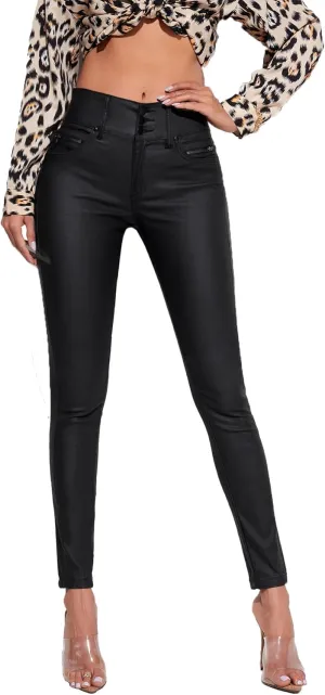 Women's Faux Leather Stretchy Skinny Jeggings Coated Faux Leather Legging Pants Mid Waisted