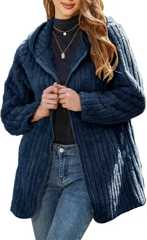 Womens Fleece Jacket Hooded Winter Warm Full Zip Long Sleeve Sherpa Jacket Coat Outerwear with Hood (S-5XL)