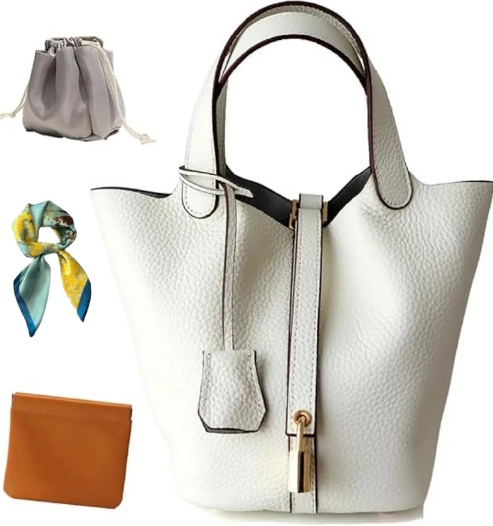Women's Genuine Leather Bucket Bag: Vegetable Basket Soft Leather Tote with Lock Stylish Versatile Daily Use Shoulder Handbag