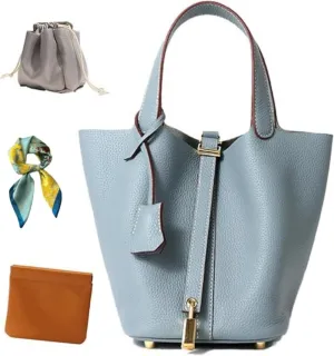 Women's Genuine Leather Bucket Bag: Vegetable Basket Soft Leather Tote with Lock Stylish Versatile Daily Use Shoulder Handbag