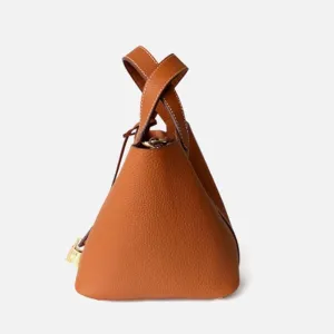 Women's Genuine Leather Bucket Bag: Vegetable Basket Soft Leather Tote with Lock Stylish Versatile Daily Use Shoulder Handbag