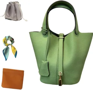 Women's Genuine Leather Bucket Bag: Vegetable Basket Soft Leather Tote with Lock Stylish Versatile Daily Use Shoulder Handbag