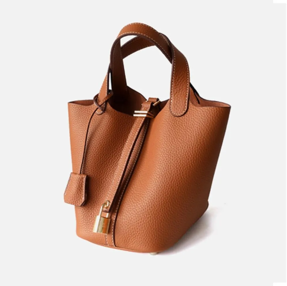 Women's Genuine Leather Bucket Bag: Vegetable Basket Soft Leather Tote with Lock Stylish Versatile Daily Use Shoulder Handbag