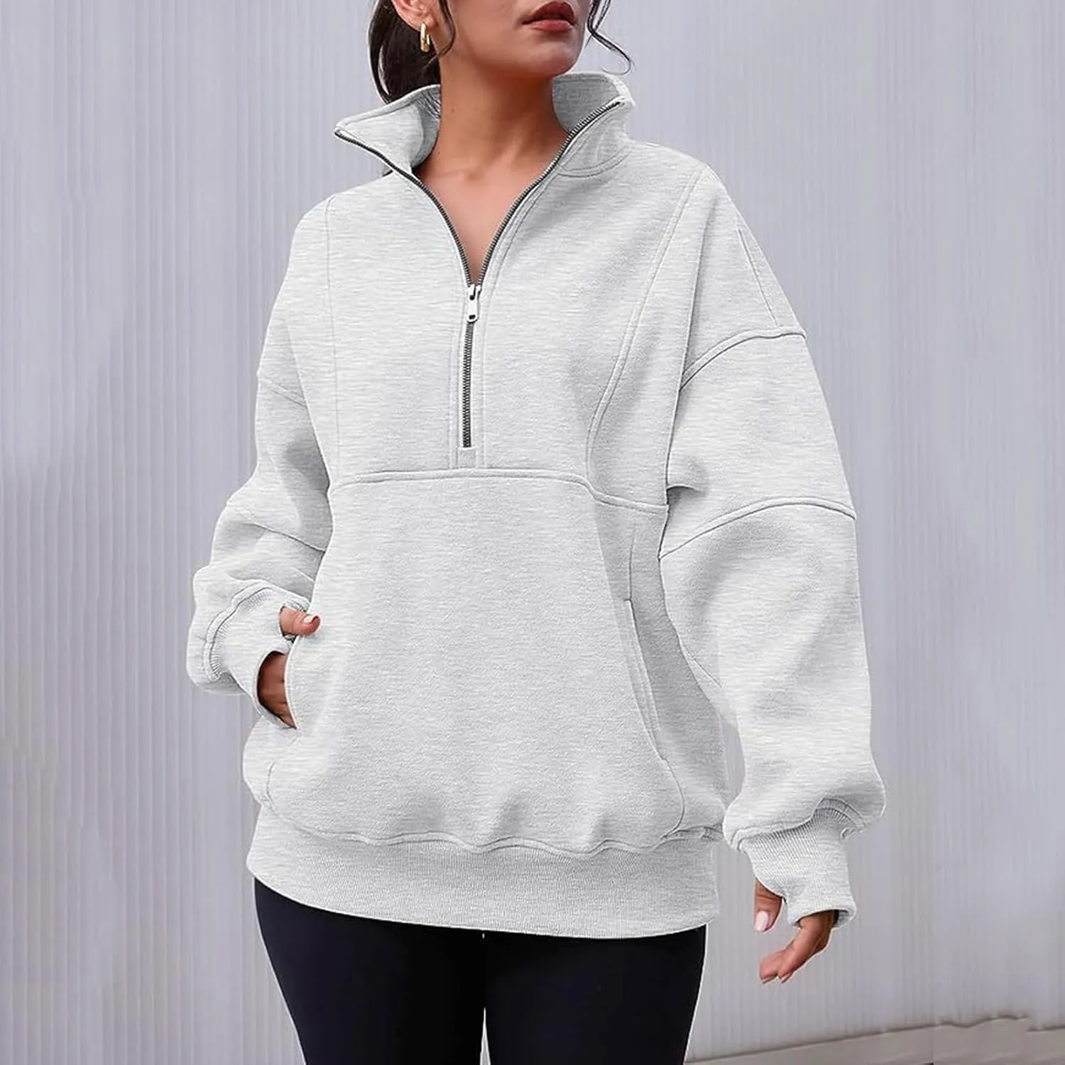Women's Half Zip Oversized Sweatshirts Fleece Long Sleeve Hoodies Casual Sweaters With Pockerts