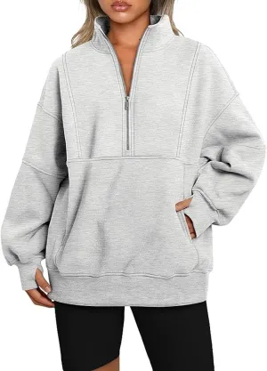 Women's Half Zip Oversized Sweatshirts Fleece Long Sleeve Hoodies Casual Sweaters With Pockerts