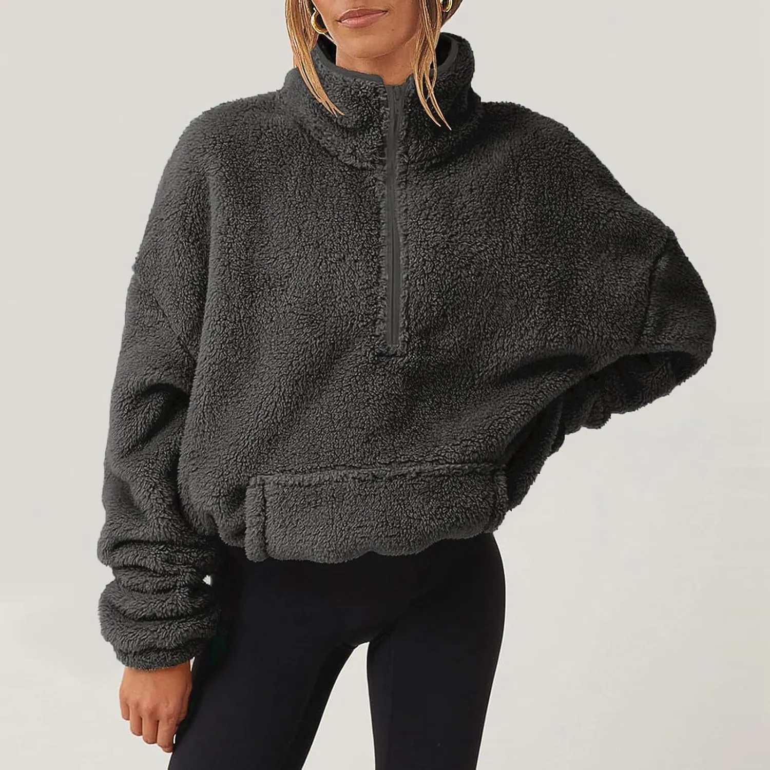Womens Half Zip Sweatshirt Sherpa Hoodie Quarter Zip Pullover Fuzzy Sweater with Pocket Comfy Warm Winter Clothes