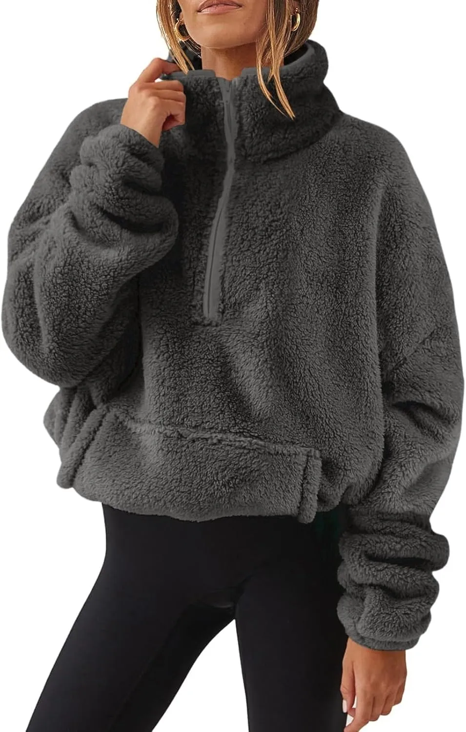 Womens Half Zip Sweatshirt Sherpa Hoodie Quarter Zip Pullover Fuzzy Sweater with Pocket Comfy Warm Winter Clothes