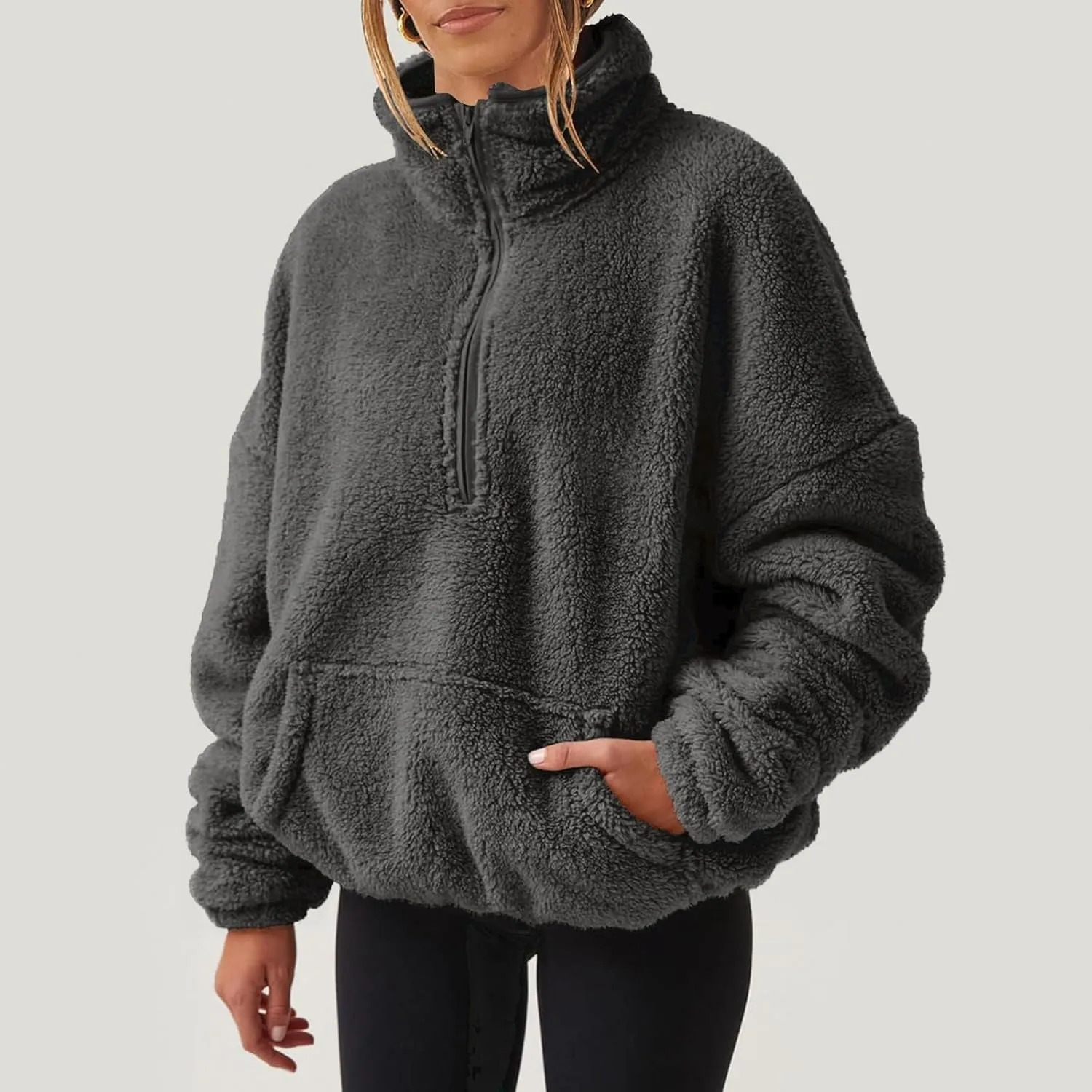 Womens Half Zip Sweatshirt Sherpa Hoodie Quarter Zip Pullover Fuzzy Sweater with Pocket Comfy Warm Winter Clothes