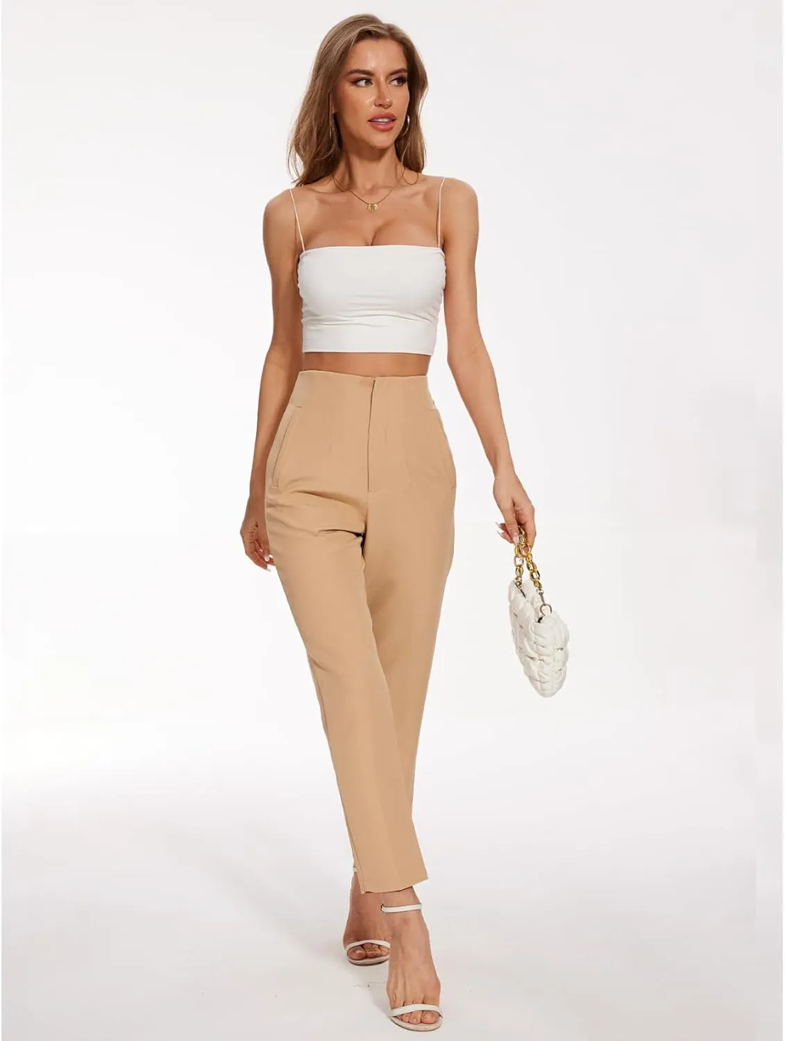 Women's High Waisted Pants - Straight Leg Dress Trousers with Pockets and Seam Design for Business Office Casual