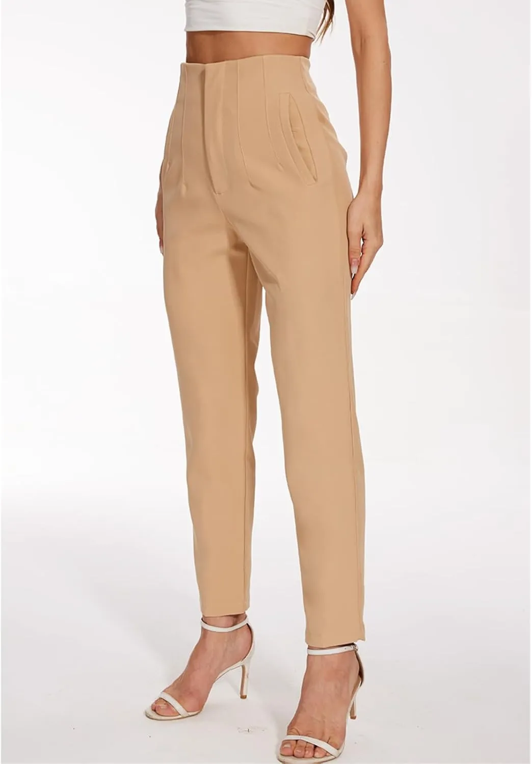 Women's High Waisted Pants - Straight Leg Dress Trousers with Pockets and Seam Design for Business Office Casual