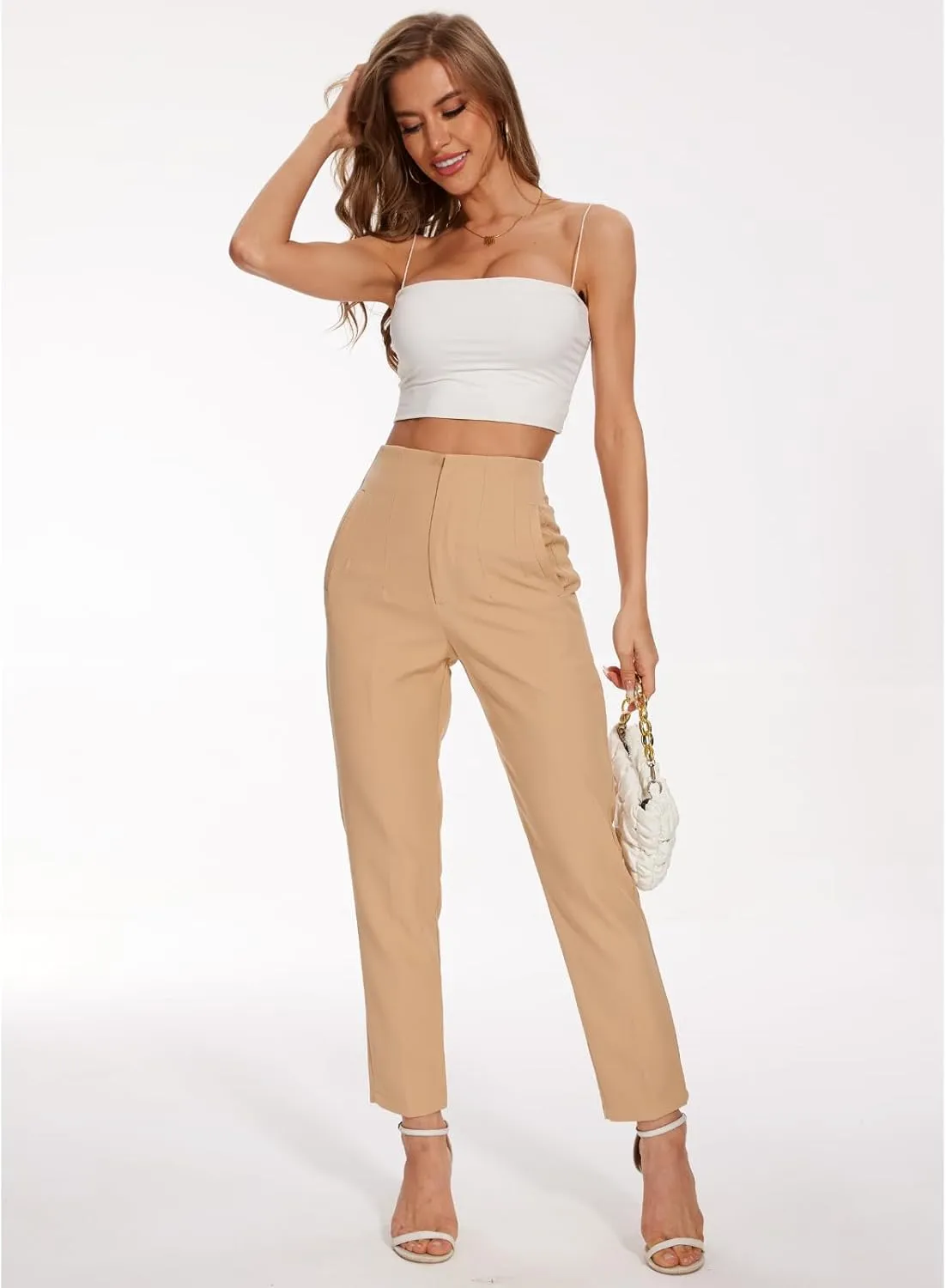 Women's High Waisted Pants - Straight Leg Dress Trousers with Pockets and Seam Design for Business Office Casual