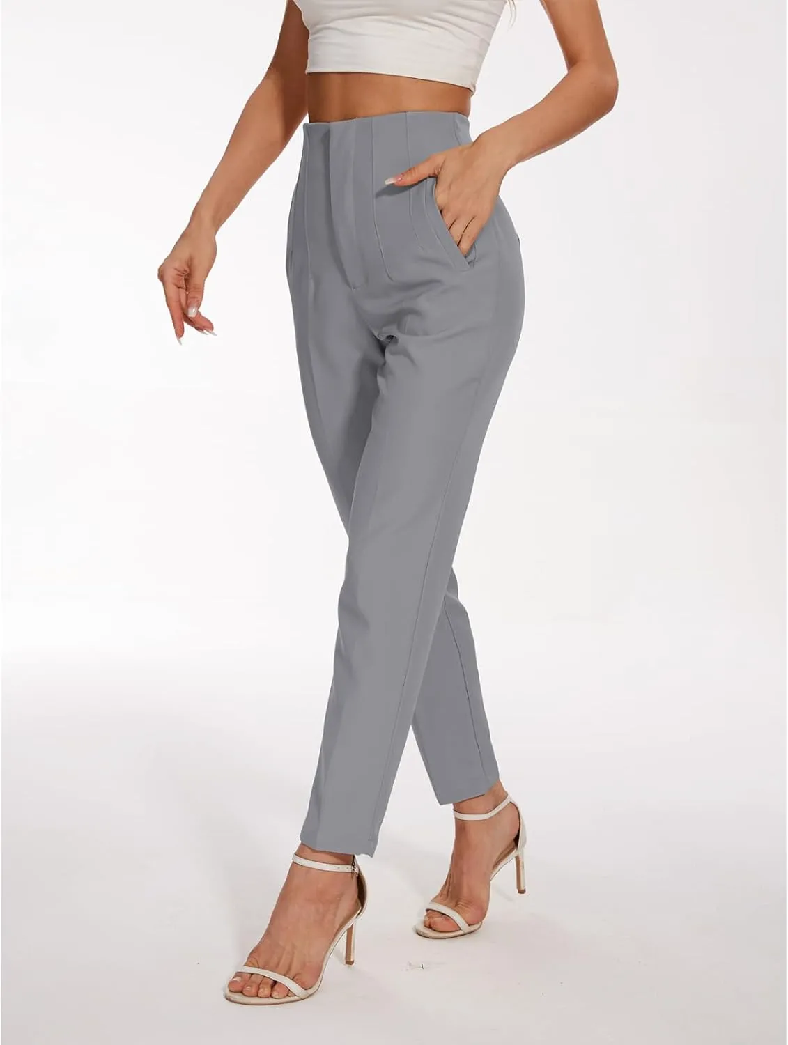 Women's High Waisted Pants - Straight Leg Dress Trousers with Pockets and Seam Design for Business Office Casual
