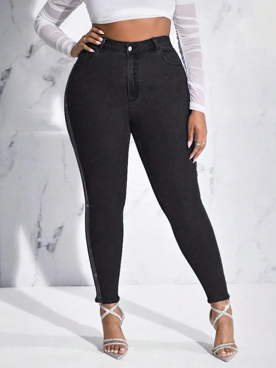 Womens High Waisted Stretch Skinny Jean Plus Size Side Rhinestone Denim Pants