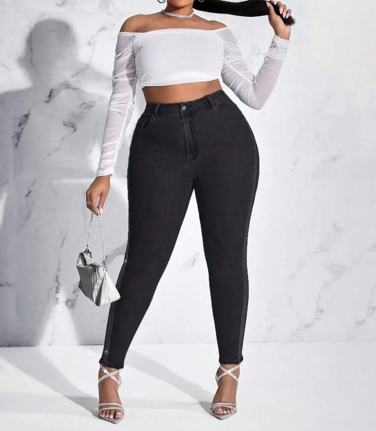 Womens High Waisted Stretch Skinny Jean Plus Size Side Rhinestone Denim Pants
