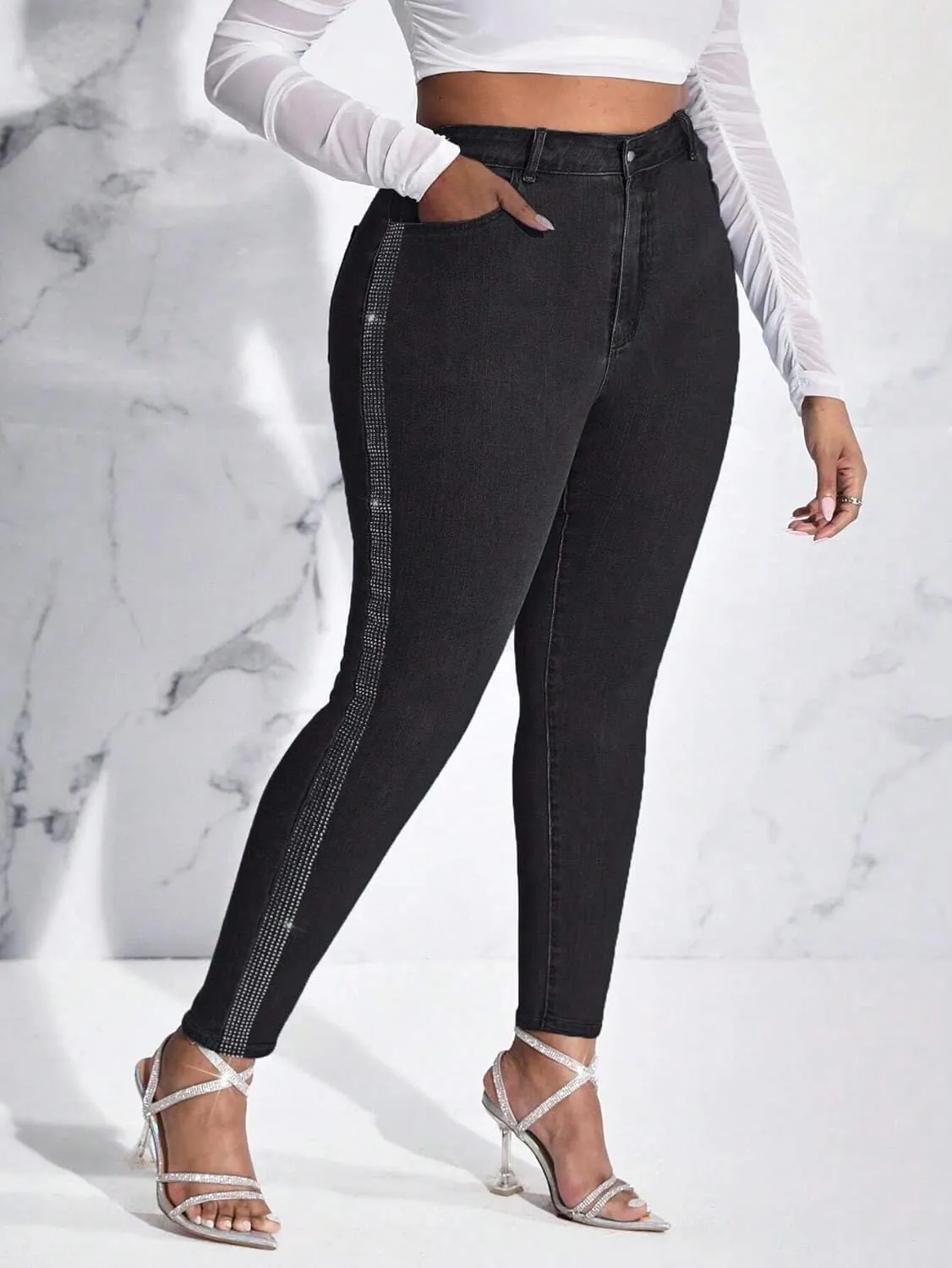 Womens High Waisted Stretch Skinny Jean Plus Size Side Rhinestone Denim Pants