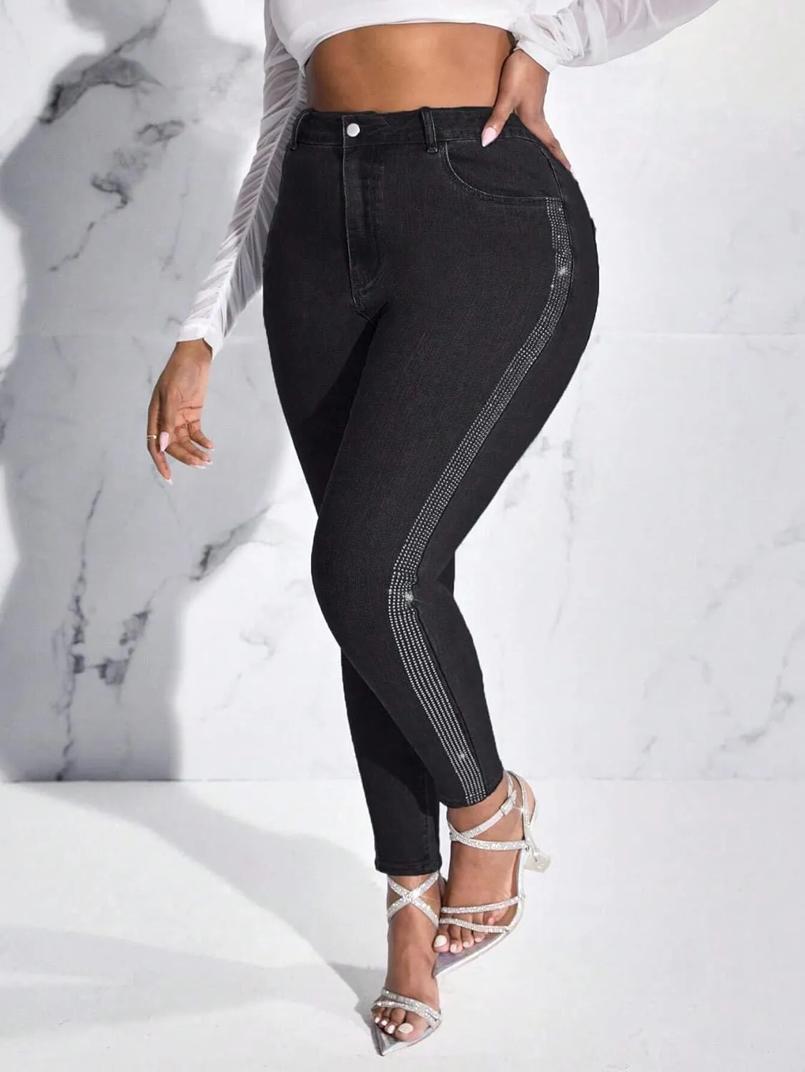 Womens High Waisted Stretch Skinny Jean Plus Size Side Rhinestone Denim Pants