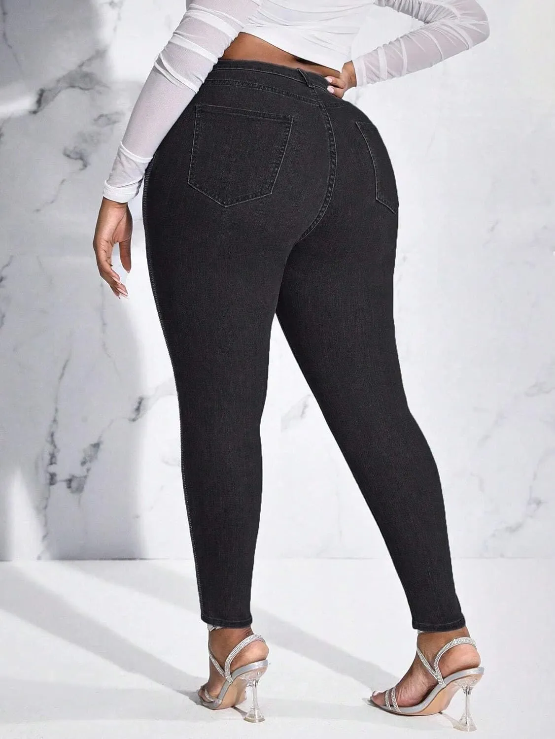 Womens High Waisted Stretch Skinny Jean Plus Size Side Rhinestone Denim Pants