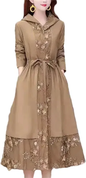 Women's Hooded Lace-Up Long Trench Coat Spring Casual Loose Solid Lace Coats Jackets