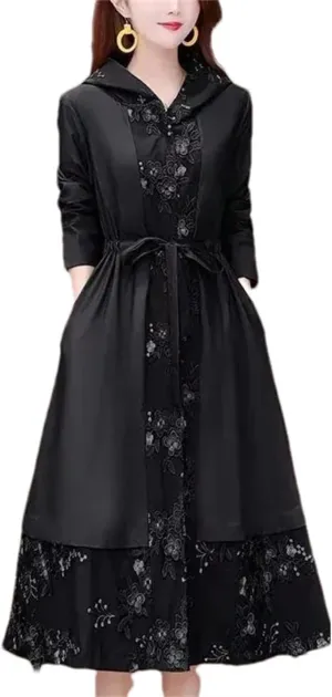 Women's Hooded Lace-Up Long Trench Coat Spring Casual Loose Solid Lace Coats Jackets