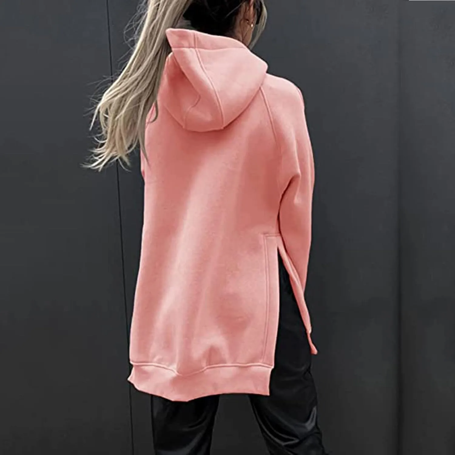 Women's Hoodies Casual Pullover Oversized Sweatshirt Long Sleeve Split Hem Hoodie with Kangaroo Pocket