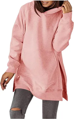 Women's Hoodies Casual Pullover Oversized Sweatshirt Long Sleeve Split Hem Hoodie with Kangaroo Pocket